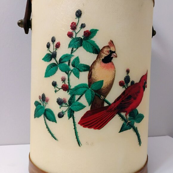 Vintage Bacova Guild Fiberglass Ice Bucket Leather Handle Cardinal Chickadee Bir - Picture 8 of 13